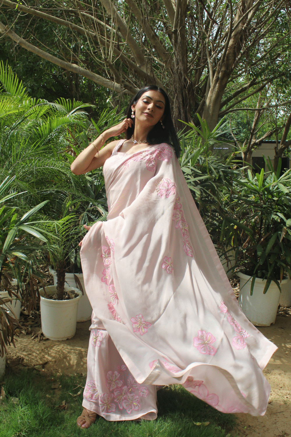 Cherry blossom pink blush saree